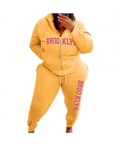 Plus Size Women Hooded Two Piece Sets Women Clothing Winter Letter Print Zipper Long Sleeve Top + Jogger Pants Tracksuits $58...