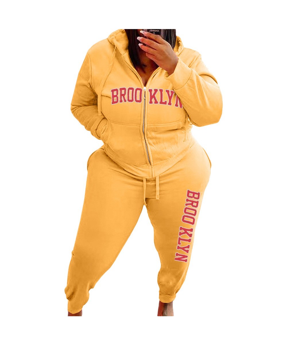 Plus Size Women Hooded Two Piece Sets Women Clothing Winter Letter Print Zipper Long Sleeve Top + Jogger Pants Tracksuits $58...