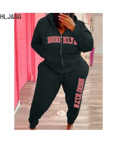 Plus Size Women Hooded Two Piece Sets Women Clothing Winter Letter Print Zipper Long Sleeve Top + Jogger Pants Tracksuits $58...