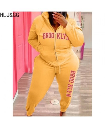 Plus Size Women Hooded Two Piece Sets Women Clothing Winter Letter Print Zipper Long Sleeve Top + Jogger Pants Tracksuits $58...