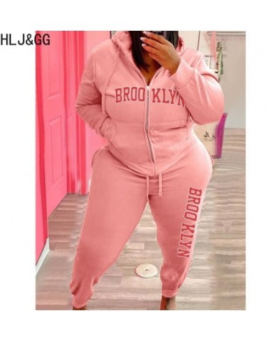 Plus Size Women Hooded Two Piece Sets Women Clothing Winter Letter Print Zipper Long Sleeve Top + Jogger Pants Tracksuits $58...