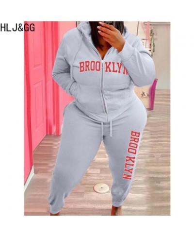 Plus Size Women Hooded Two Piece Sets Women Clothing Winter Letter Print Zipper Long Sleeve Top + Jogger Pants Tracksuits $58...