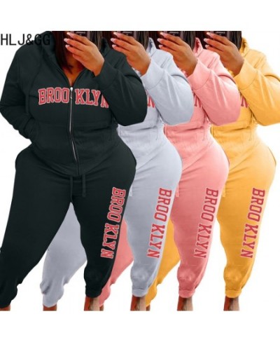 Plus Size Women Hooded Two Piece Sets Women Clothing Winter Letter Print Zipper Long Sleeve Top + Jogger Pants Tracksuits $58...