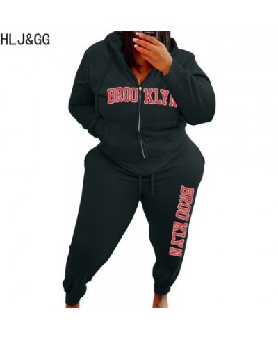 Plus Size Women Hooded Two Piece Sets Women Clothing Winter Letter Print Zipper Long Sleeve Top + Jogger Pants Tracksuits $58...