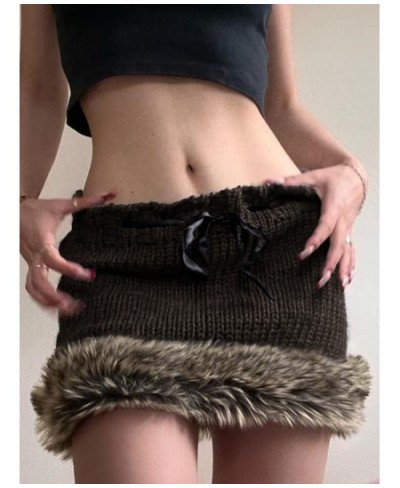 Vintage Fur Patchwork Brown Mini Skirts Ribbon Lace-up Y2K Cute Knitted Skirts Fairycore Aesthetic Grunge Clothes $36.96 - Sk...