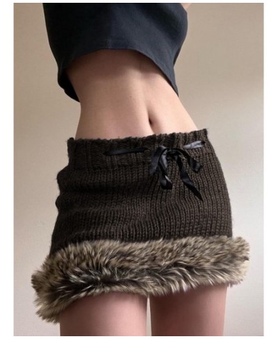 Vintage Fur Patchwork Brown Mini Skirts Ribbon Lace-up Y2K Cute Knitted Skirts Fairycore Aesthetic Grunge Clothes $36.96 - Sk...