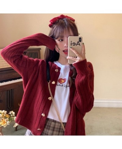 Kawaii Woman Sweaters Knitted Cardigan 2023 Winter Korean Fashion Cute Heart Buttons Long Sleeve Burgundy Red White Sweater $...