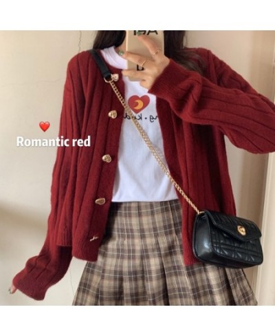 Kawaii Woman Sweaters Knitted Cardigan 2023 Winter Korean Fashion Cute Heart Buttons Long Sleeve Burgundy Red White Sweater $...