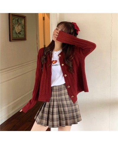 Kawaii Woman Sweaters Knitted Cardigan 2023 Winter Korean Fashion Cute Heart Buttons Long Sleeve Burgundy Red White Sweater $...