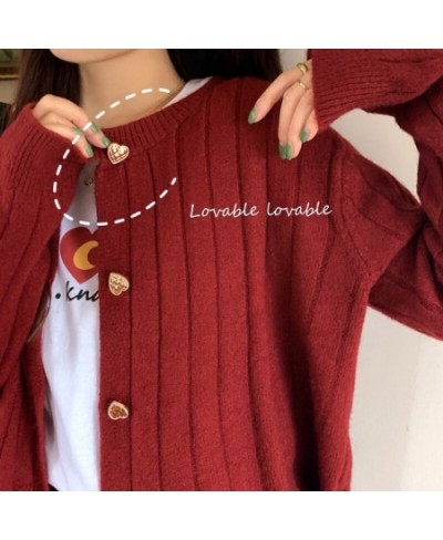 Kawaii Woman Sweaters Knitted Cardigan 2023 Winter Korean Fashion Cute Heart Buttons Long Sleeve Burgundy Red White Sweater $...