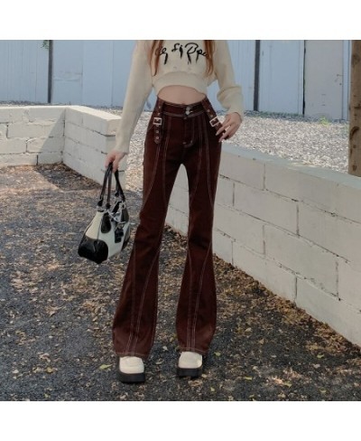 2023 Retro High Waisted Flare Jeans Women Korean Autumn New Y2K High Street Brown Pants Female Buckle Cool Casual Pants $91.6...