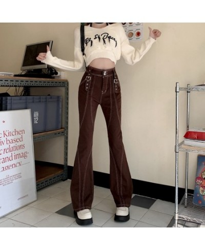 2023 Retro High Waisted Flare Jeans Women Korean Autumn New Y2K High Street Brown Pants Female Buckle Cool Casual Pants $91.6...