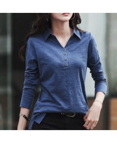 Spring & Autumn Slub Cotton Long-Sleeved T-shirt Women Korean Style Loose V-neck Button Polo Shirt White Bottoming Shirt Wome...