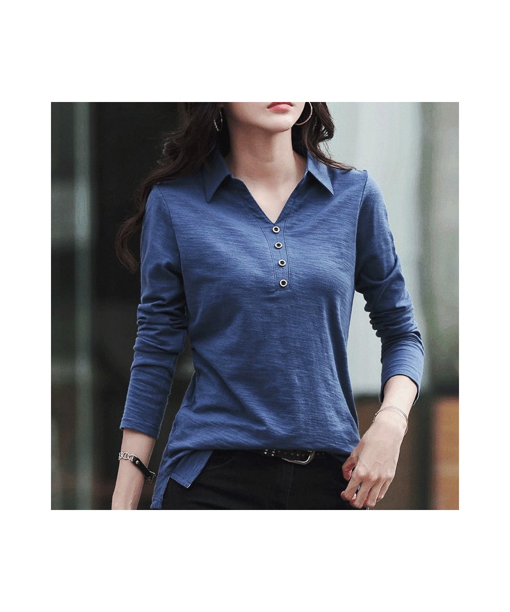 Spring & Autumn Slub Cotton Long-Sleeved T-shirt Women Korean Style Loose V-neck Button Polo Shirt White Bottoming Shirt Wome...