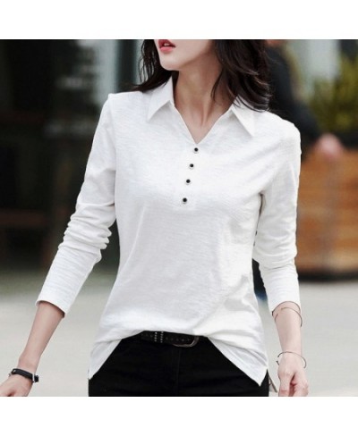 Spring & Autumn Slub Cotton Long-Sleeved T-shirt Women Korean Style Loose V-neck Button Polo Shirt White Bottoming Shirt Wome...