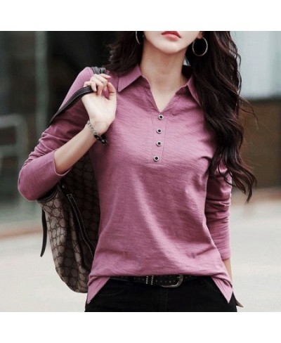 Spring & Autumn Slub Cotton Long-Sleeved T-shirt Women Korean Style Loose V-neck Button Polo Shirt White Bottoming Shirt Wome...