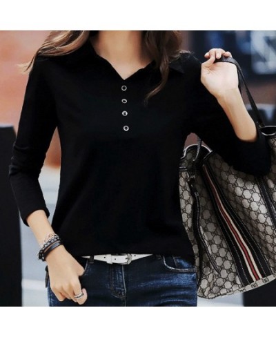 Spring & Autumn Slub Cotton Long-Sleeved T-shirt Women Korean Style Loose V-neck Button Polo Shirt White Bottoming Shirt Wome...