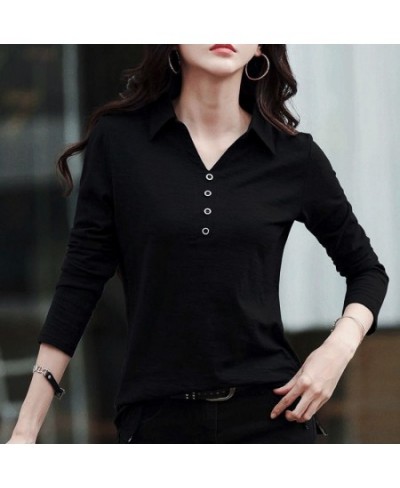 Spring & Autumn Slub Cotton Long-Sleeved T-shirt Women Korean Style Loose V-neck Button Polo Shirt White Bottoming Shirt Wome...