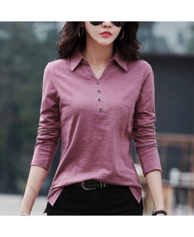 Spring & Autumn Slub Cotton Long-Sleeved T-shirt Women Korean Style Loose V-neck Button Polo Shirt White Bottoming Shirt Wome...