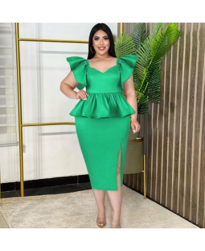 Plus Size 4XL Green Party Dresses Women Sexy V Neck Ruffles Slit Roves Sleeveless Bodycon Evening Cocktail Birthday Event Gow...