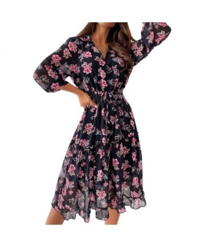 Vintage Floral Print A Line Dresses Women Casual V Neck Beach Chiffon Dress Elegant 3/4 Sleeve Party Vestidos $29.89 - Dresses