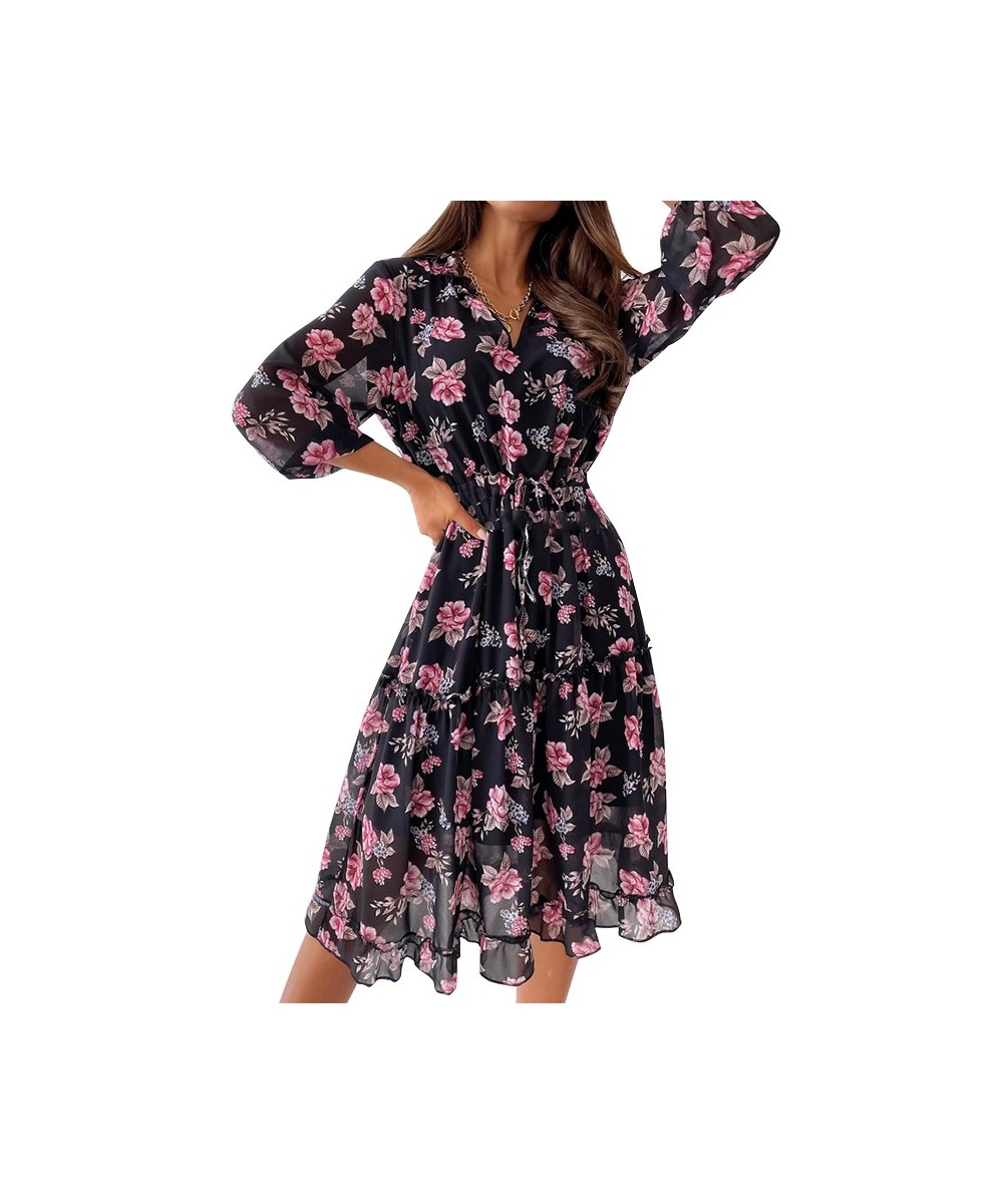 Vintage Floral Print A Line Dresses Women Casual V Neck Beach Chiffon Dress Elegant 3/4 Sleeve Party Vestidos $29.89 - Dresses