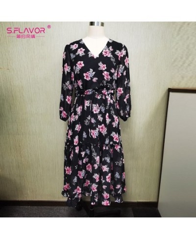 Vintage Floral Print A Line Dresses Women Casual V Neck Beach Chiffon Dress Elegant 3/4 Sleeve Party Vestidos $29.89 - Dresses