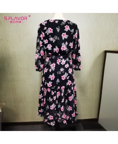 Vintage Floral Print A Line Dresses Women Casual V Neck Beach Chiffon Dress Elegant 3/4 Sleeve Party Vestidos $29.89 - Dresses