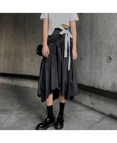 Korean Ruffle Pleated Midi Long A-line Skirt Women Casual Spring Summer Autumn Elastic High Waist Irregular Hem All-match $47...