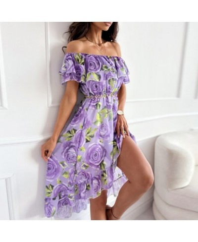 Casual Ruffle Hem Bohemian Dresses Spring Summer Flower Printed Chiffon Dress Elegant Lady Slash Neck Short Sleeve Beach Dres...