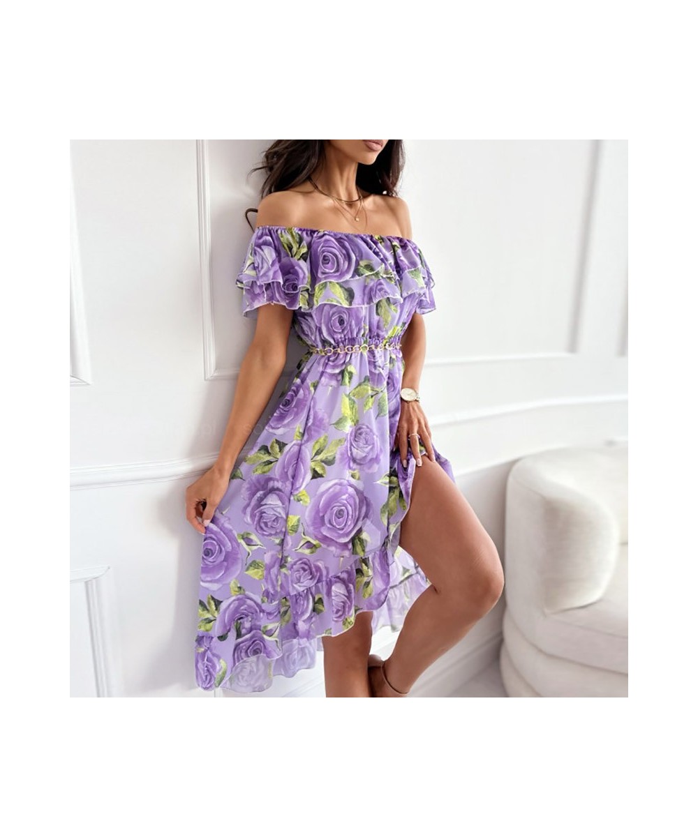 Casual Ruffle Hem Bohemian Dresses Spring Summer Flower Printed Chiffon Dress Elegant Lady Slash Neck Short Sleeve Beach Dres...