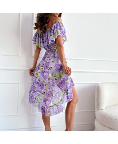 Casual Ruffle Hem Bohemian Dresses Spring Summer Flower Printed Chiffon Dress Elegant Lady Slash Neck Short Sleeve Beach Dres...