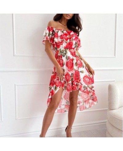 Casual Ruffle Hem Bohemian Dresses Spring Summer Flower Printed Chiffon Dress Elegant Lady Slash Neck Short Sleeve Beach Dres...