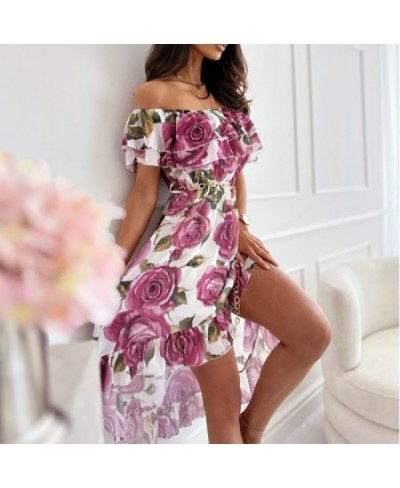 Casual Ruffle Hem Bohemian Dresses Spring Summer Flower Printed Chiffon Dress Elegant Lady Slash Neck Short Sleeve Beach Dres...