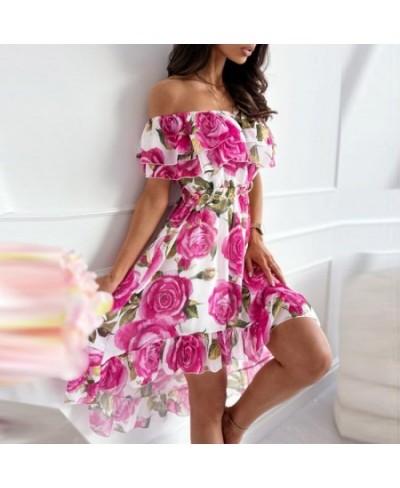 Casual Ruffle Hem Bohemian Dresses Spring Summer Flower Printed Chiffon Dress Elegant Lady Slash Neck Short Sleeve Beach Dres...