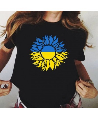 2022 Women T Shirt Summer Ukraine Flag Sunflower Printed T-shirt Round Neck Tee Tops $25.42 - Women Tops