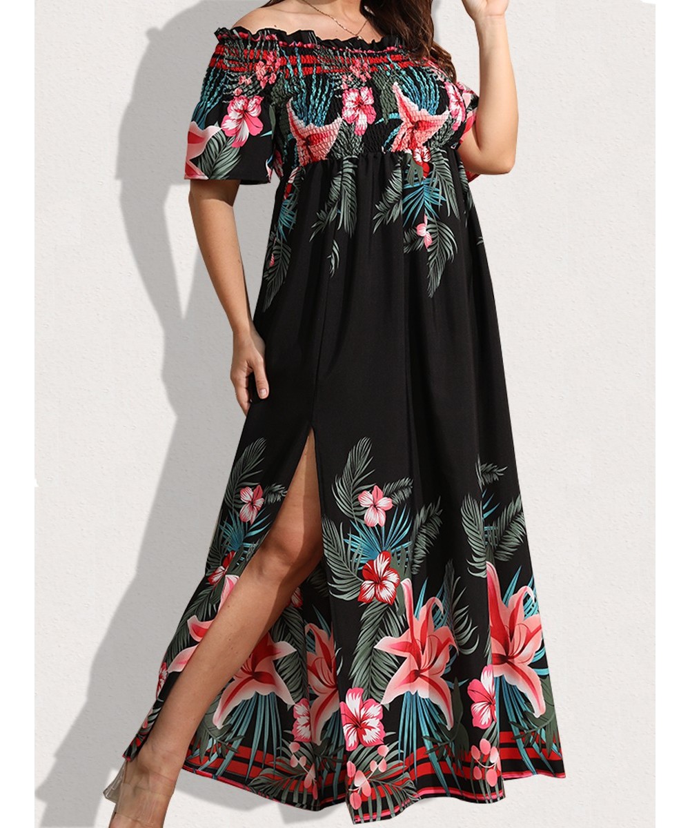 Plus Size Women Tropical Print Off Shoulder Shirred Split Thigh Even Dress Summer High Waist Sexy Maxi Dress Robe $32.44 - Pl...