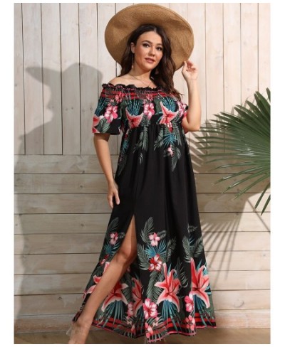 Plus Size Women Tropical Print Off Shoulder Shirred Split Thigh Even Dress Summer High Waist Sexy Maxi Dress Robe $32.44 - Pl...