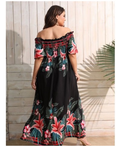 Plus Size Women Tropical Print Off Shoulder Shirred Split Thigh Even Dress Summer High Waist Sexy Maxi Dress Robe $32.44 - Pl...