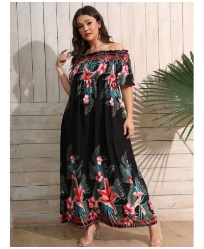 Plus Size Women Tropical Print Off Shoulder Shirred Split Thigh Even Dress Summer High Waist Sexy Maxi Dress Robe $32.44 - Pl...