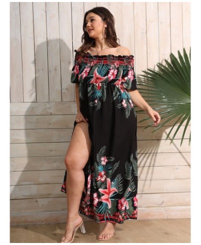 Plus Size Women Tropical Print Off Shoulder Shirred Split Thigh Even Dress Summer High Waist Sexy Maxi Dress Robe $32.44 - Pl...