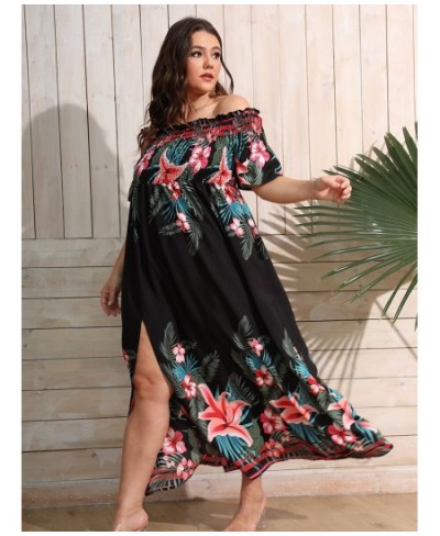 Plus Size Women Tropical Print Off Shoulder Shirred Split Thigh Even Dress Summer High Waist Sexy Maxi Dress Robe $32.44 - Pl...