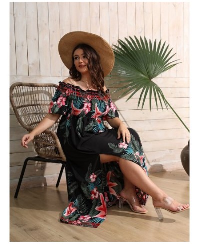 Plus Size Women Tropical Print Off Shoulder Shirred Split Thigh Even Dress Summer High Waist Sexy Maxi Dress Robe $32.44 - Pl...