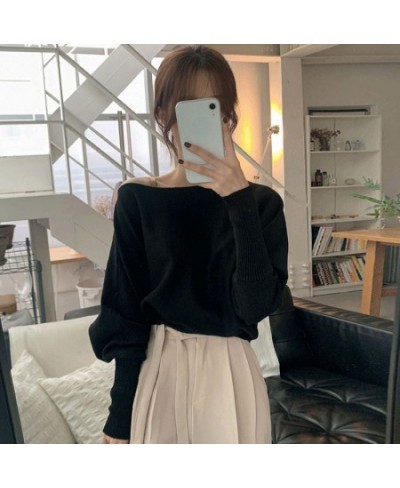 Sweater Pullover Women Korean Chic Lantern Long Sleeve Loose Solid Off Shoulder Elegant Knitted Tops Female Jumper Casual $37...