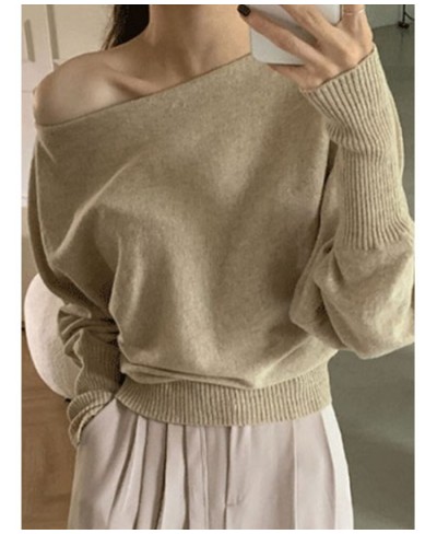 Sweater Pullover Women Korean Chic Lantern Long Sleeve Loose Solid Off Shoulder Elegant Knitted Tops Female Jumper Casual $37...