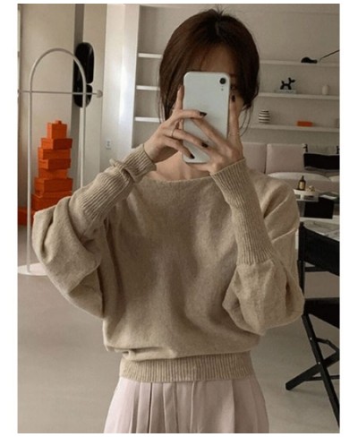 Sweater Pullover Women Korean Chic Lantern Long Sleeve Loose Solid Off Shoulder Elegant Knitted Tops Female Jumper Casual $37...