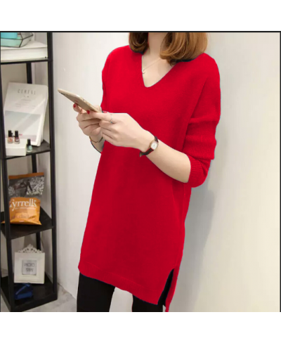 4XL Fashion Women Pullover Sweater Dress 2023 New Autumn Winter Loose V-neck Knitted Long Sweater Solid Casual Female Pullove...