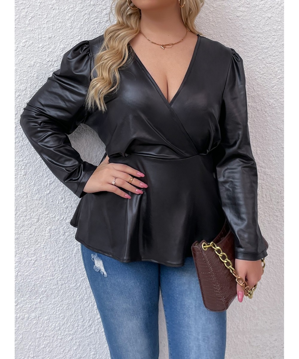 Leather PU Plus Size Peplum Tops Women 4xl Autumn 2022 Large Size Green Blouse Long Sleeve V Neck Vintage Elegant Solid T $36...