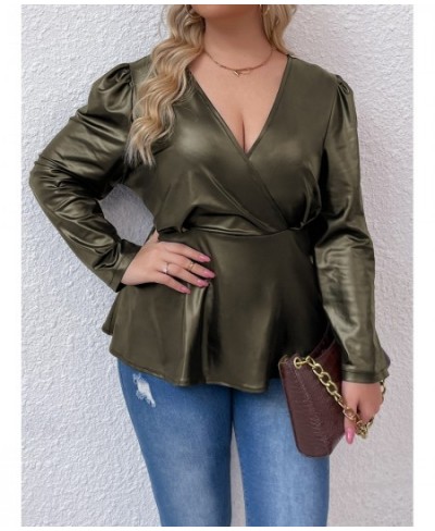 Leather PU Plus Size Peplum Tops Women 4xl Autumn 2022 Large Size Green Blouse Long Sleeve V Neck Vintage Elegant Solid T $36...