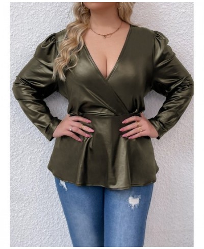 Leather PU Plus Size Peplum Tops Women 4xl Autumn 2022 Large Size Green Blouse Long Sleeve V Neck Vintage Elegant Solid T $36...